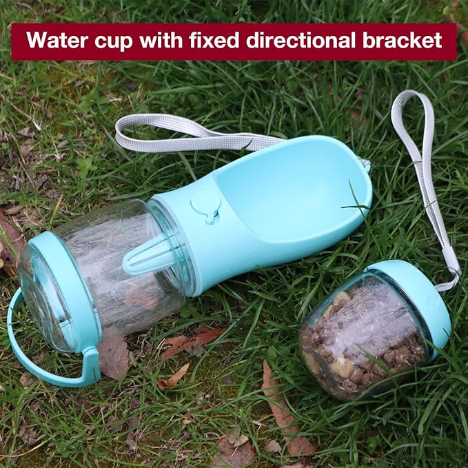 Dog Water Bottle with Food Container Holder, Travel Puppy Drinking Bowl, Portable Pet Water Dispenser, Patented Design, Food Grade Plastic 12 oz Water Bottle+100g Snack cans