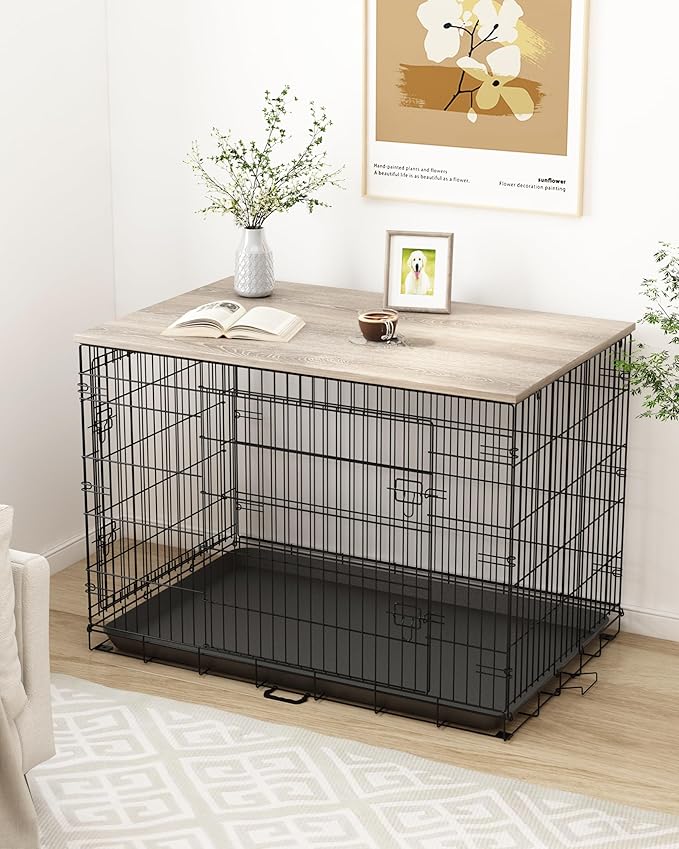 Piskyet Dog Crate Topper Wood Countertop for 48 42 36 30 24 inch Dog Cage, Dog Crate Cover,Dog Kennel Topper, 48" Grey(Crate Not Include)