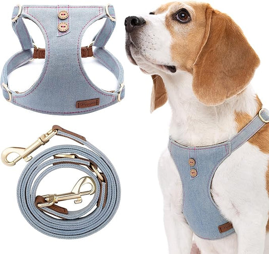 Puppytie Dog Harness With Multi-Functional Leash, No-Pull No-Choke Escape-Proof Dog Vest, Soft Breathable Step-In Pet Harness, Lightweight Comfortable For Medium Large Dogs,Denim Grey Blue-L （33-46lb）