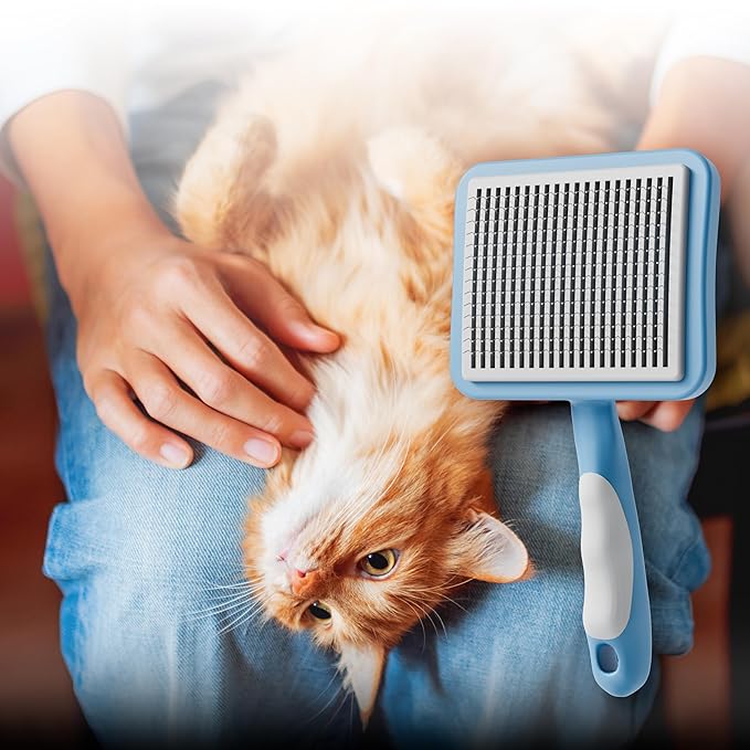 Cat Brush with One-Click Button, Cat Brushes for Indoor Cats Shedding，Self Cleaning Slicker Cat Brush for Shedding Massaging Grooming, Suitable for Long Short Haired Pets, Comfortable/Easy to Clean