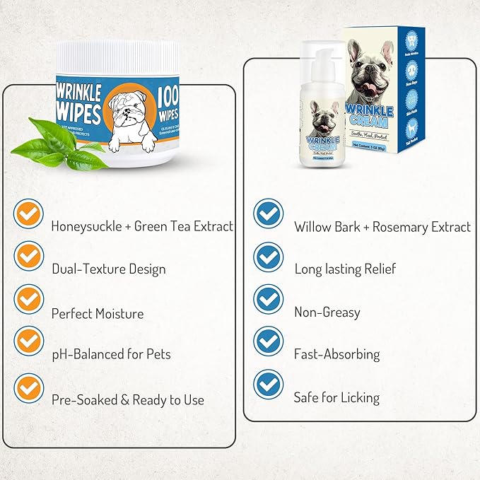 Bulldog Wrinkle Wipes & Cream Bundle - Deep Cleaning Wrinkle Wipes + Soothing Dog Wrinkle Cream - Hypoallergenic for Bulldogs, Pugs, Frenchies (100 Wipes + 85g Cream)