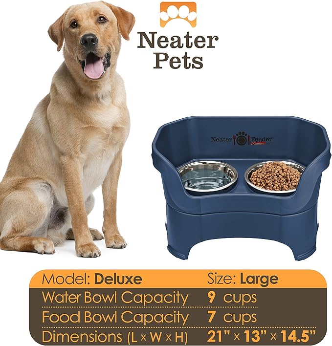 Neater Feeder Deluxe Mess Proof Dog Bowls Elevated for Large Breed – Made in USA – No Spill Raised Dog Food Bowl Stand – Stainless Steel Food and Water Bowl Set, Pet Dish Feeding Station, Dark Blue