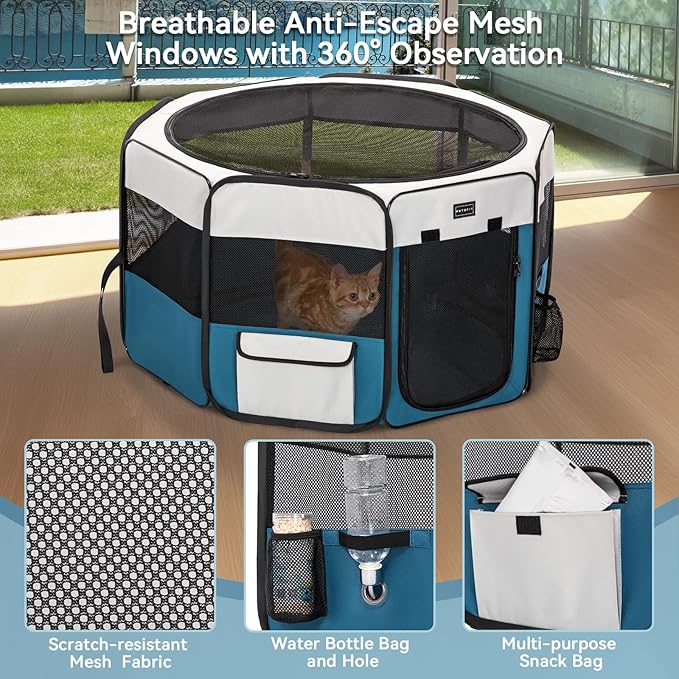 PETSFIT Dog Play Pen,36" Dia Dog Playpen Indoor/Outdoor, Pet Playpen for Cats Puppies&Small Animals-Removable Zipper Mesh Top Cover& Leakproof Bottom(36"x36"x21"H)
