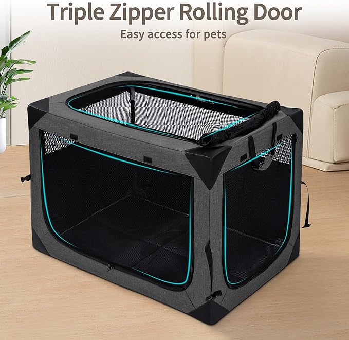 Dog Crates 30 Inch Collapsible Soft Dog Crate, 3-Door Foldable Soft Kennel for Medium Dogs, Portable Pet Travel Cage with Chew Proof Mesh Window for Outdoors