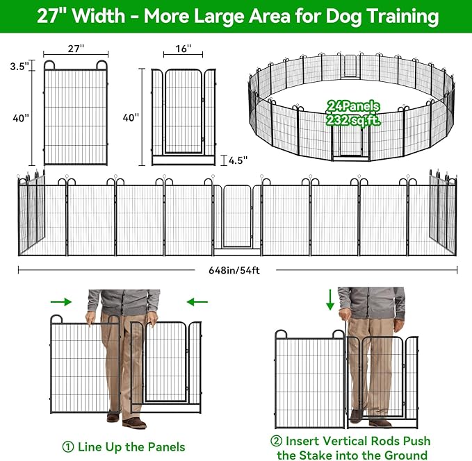 Dog Playpen Outdoor 24 Panels Heavy Duty Dog Fence 40" Height Anti-Rust with Doors Portable for RV Camping Yard, Total 54FT, 232 Sq.ft, Snowy Black