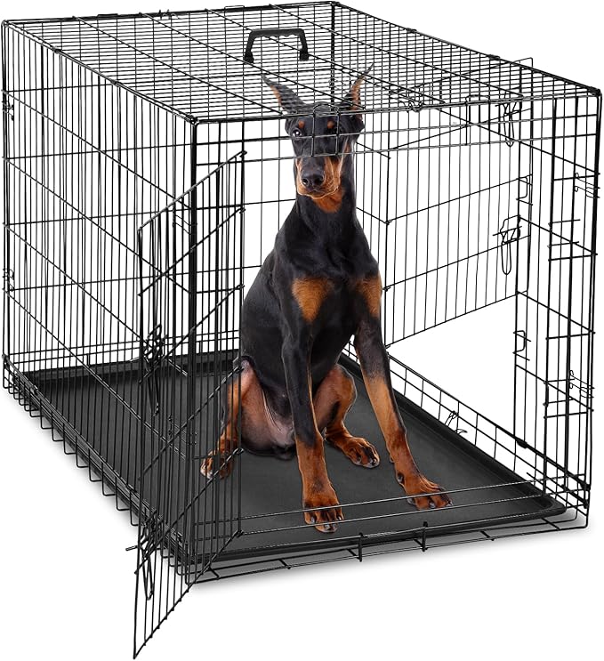 DUMOS Dog Crate, 48 Inch Extra Large Double Door Dog Cage with Divider Panel and Plastic Leak-Proof Pan Tray, Folding Metal Wire Pet Kennel for Indoor, Outdoor, Travel