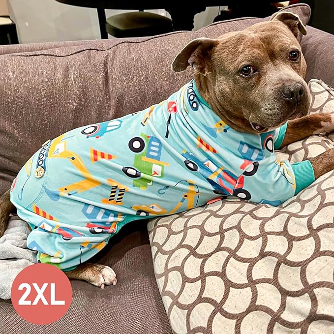KYEESE Dog Pajamas Velvet Dog Pajamas Medium Sized Dogs Soft Dogs Clothes Pjs with Construction Vehicles Pattern Stretchy Pet Jammies Coat Comfy Pet Onesie Costume, 2X-Large