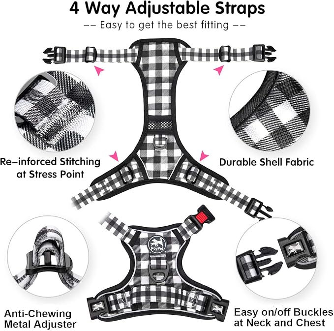 PoyPet No Pull Dog Harness, [Neck Release] Reflective Adjustable No Choke Pet Vest with Front & Back 2 Leash Attachments, Soft Control Training Handle for Small Dogs(Grid,XL)