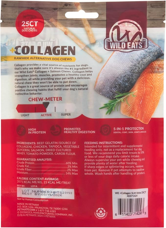 Collagen Sticks for Dogs Real Salmon 25ct - Long Lasting Dog Chew High Protein, Highly Digestable Bully Stick