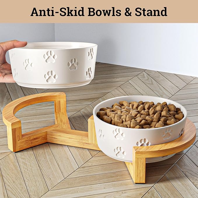 Ceramic Dog Bowls with Stand - Medium Dog Bowl Set with Stand Non-Slip - 2 Ceramic Dishes with Anti-Skid Bamboo Stand for Medium Dogs - Elevated Dog Bowls Set of 2 - Raised Pet Feeding Station