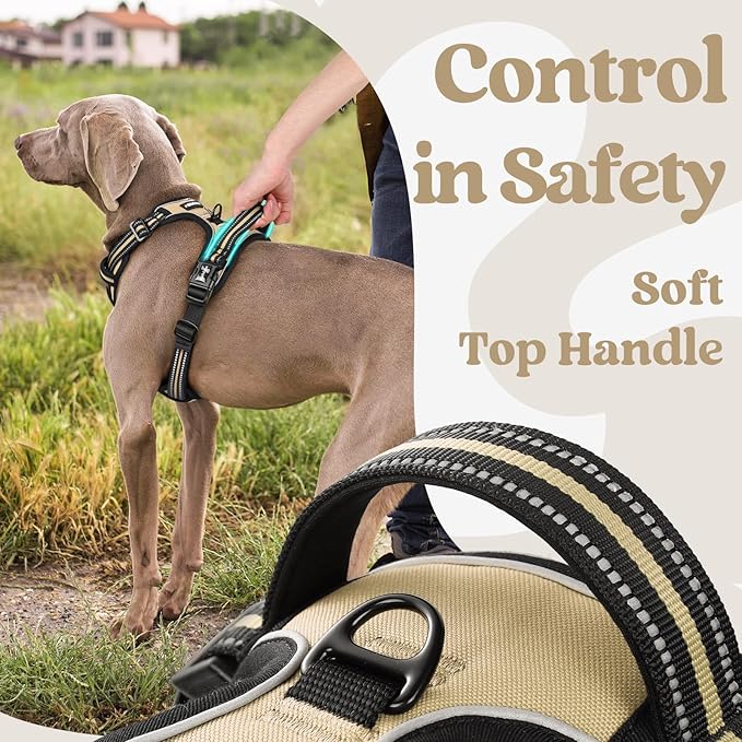 rabbitgoo Dog Harness for Large, No Pull Pet Harness with 3 Buckles, Adjustable Soft Padded Dog Vest with Instant Control Handle, Easy Walking Reflective Pet Vest for Large Dogs, Beige, L