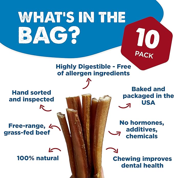 Best Bully Sticks 12 Inch All-Natural USA-Baked Bully Sticks for Dogs - 12” Easily digestible, 100% Grass-Fed Beef, Grain and Rawhide Free | 10 Pack