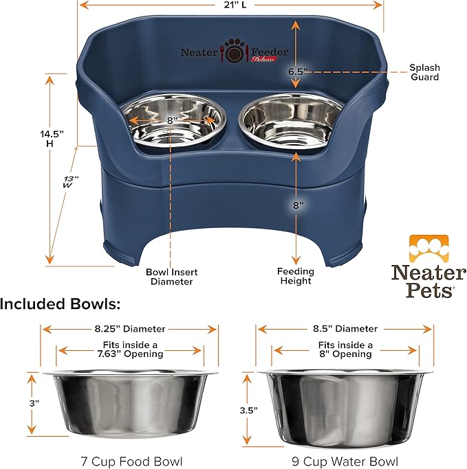 Neater Feeder Deluxe Mess Proof Dog Bowls Elevated for Large Breed – Made in USA – No Spill Raised Dog Food Bowl Stand – Stainless Steel Food and Water Bowl Set, Pet Dish Feeding Station, Dark Blue