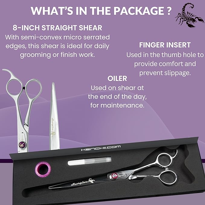 Kenchii Scorpion Dog Grooming Scissors, 8 Inch Straight Shears, Dog Scissors for Grooming, Professional Pet Grooming Scissors, Heavy Duty, Durable and Sharp
