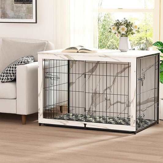 Megidok Wooden Dog Crate Furniture with Cushion, Dog Crate End Table with Tray, Double Doors Dog Crate(*L:43.1" L*28.6" W*30.3" H, Marble White)