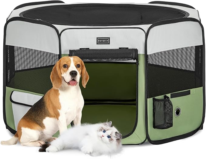 PETSFIT Dog Play Pen,36" Dia Dog Playpen Indoor/Outdoor, Pet Playpen for Cats Puppies&Small Animals-Removable Zipper Mesh Top Cover& Leakproof Bottom(36"x36"x21"H)