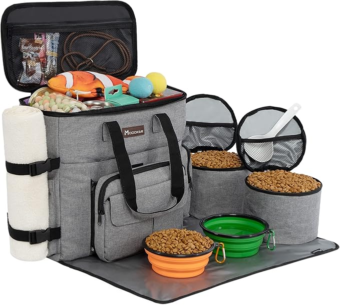 Modoker Dog Travel Organizer with 2 Collapsible Dog Bowls for Supplies & Accessories, Airline Approved Dog Tote Pet Travel Bag with 2 Travel Dog Food Container