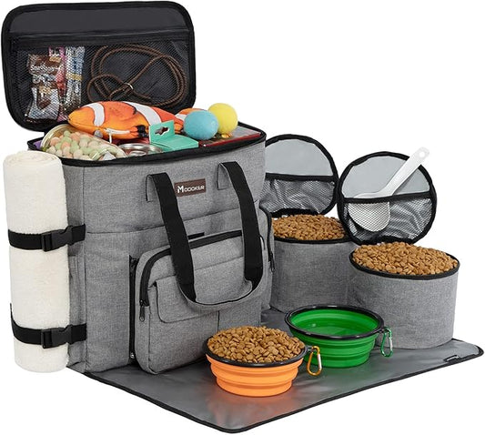 Modoker Dog Travel Organizer with 2 Collapsible Dog Bowls for Supplies & Accessories, Airline Approved Dog Tote Pet Travel Bag with 2 Travel Dog Food Container