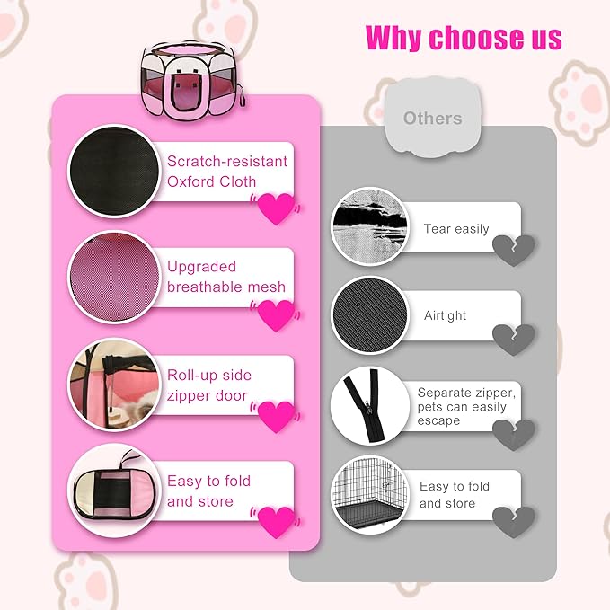 Cat Playpen Indoor, Portable Pet Play Pen for Outdoor Cat, Pink Kitten Birthing Box Exercise Playpen Tent, Waterproof Travel Dog House Kennel Camping Cage for Small Dog Animal House