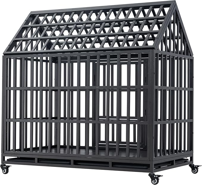 Goohome 47.24 Inch Heavy Duty Dog Crate Cage Kennel with Wheels, High Anxiety Indestructible, Sturdy Locks Design, Extra Large Crate Indoor for Large Dog with Roof & Window on Roof