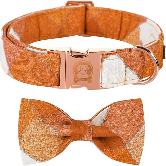 MR. CHUBBYFACE Fall Dog Collar Bow Adjustable Girl Boy Orange Dog Collar Bow Tie Cute Plaid Dog Collar for Small Medium Large Dogs