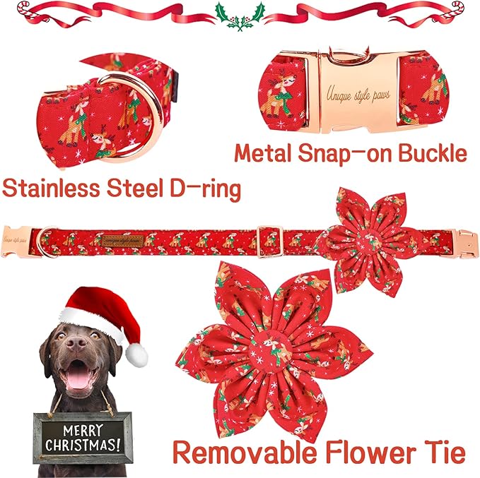 Unique style paws Christmas Dog Collar with Flower Tie Red Elk Pure Cotton Collar Adjustable Puppy Collar for Small Medium Large Dogs-XS