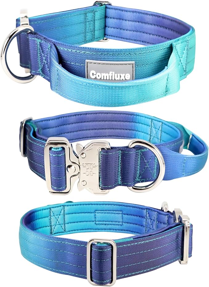 Tactical Military Dog Collar, Strong Heavy Duty Dog Collar, Wide Thick Dog Collar with Handle, Soft Neoprene Padded Collar with Quick Release Metal Buckle for Medium Large Dogs (Blue, M)