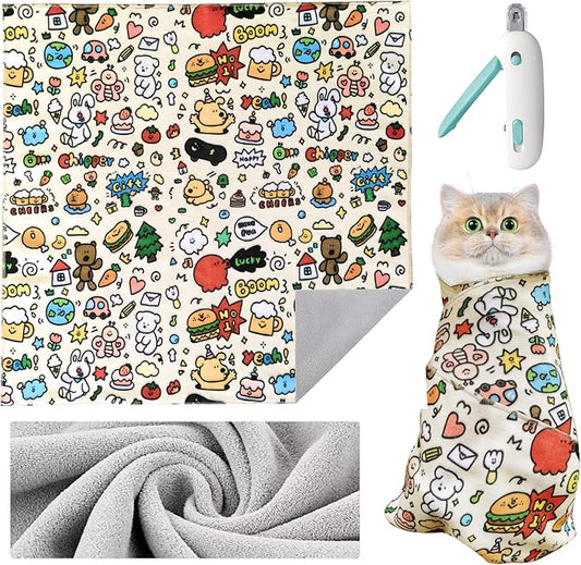 Cat Wrap for Grooming, Self-Adhesive Cat Swaddle Wrap with Nail Clipper, Soft Calming Pet Blanket Anti-Escape Grooming Bag for Cats and Dogs Up to 11lbs (Animal 1)