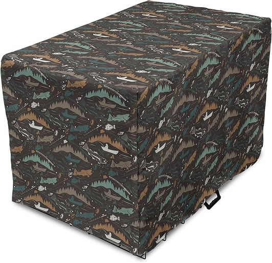 Ambesonne Fishing Theme Dog Crate Cover, Pattern of Nautical Elements with Fish Fisherman Lures Trees Rods, Easy to Use Pet Kennel Cover for Cats & Medium Dogs, 30 Inch, Dark Taupe Multicolor