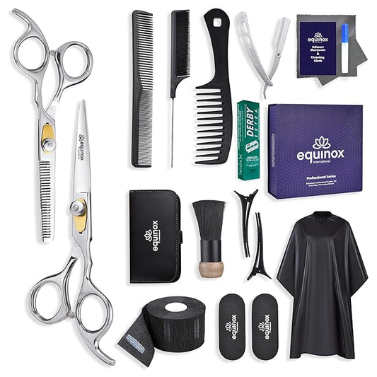 Equinox Professional Hair Scissors Set - Pro Barber Kit, Includes Cutting Scissors, Thinning Shears, Straight Razor, 3 Combs, Clips, Grippers - Salon & Barber Supplies, Hair Tools