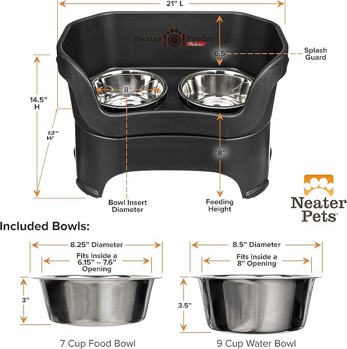 Neater Feeder Deluxe Mess Proof Dog Bowls Elevated for Large Breed – Made in USA – No Spill Raised Dog Food Bowl Stand – Stainless Steel Food and Water Bowl Set, Pet Dish Feeding Station, Black
