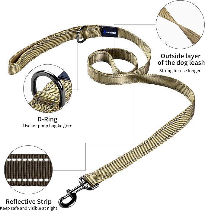 Annchwool No Pull Dog Harness with Padded Handle+5 Ft Leash,Reflective Strip Escape Proof and Quick Fit to Adjust Dog Harness,Easy for Training Walking for Small & Medium and Large Dog(Brown-Set,L)