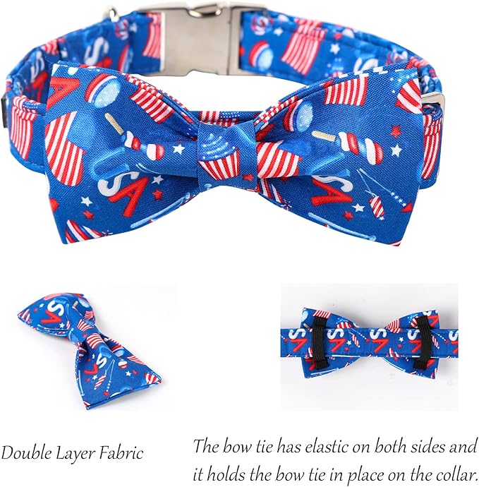 Lionet Paws Patriotic Dog Collar with Bowtie, 4th of July, Soft and Comfortable Adjustable American Flag Bowtie Collar for X-Large Dogs Male Female Gift, Neck 16-26 inches