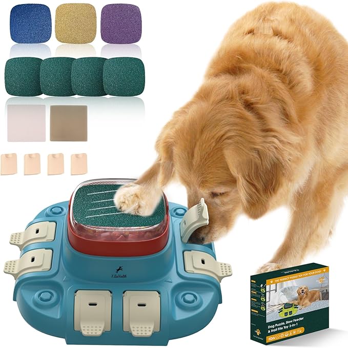 Dog Scratch Board, 3-in-1 Puzzle Toy & Dog Nail File, Enrichment Toys with Treat Dispenser, Scratch Pad for Nails with 8 Sandpapers & Anti-Slip Mat for All Floors, Blue