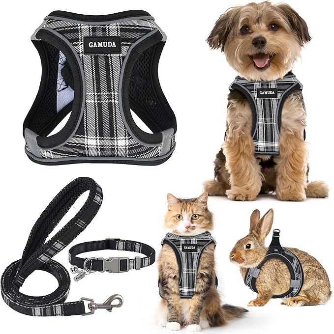 GAMUDA Small Dog Harness Collar and Leash Set, Step in No Chock No Pull Soft Mesh Adjustable Dog Vest Harnesses Plaid Reflective for Dogs Puppy Cats Kitten Rabbit (Black, XXS)