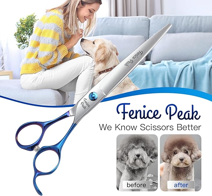Fenice Peak Grooming Scissors for Dogs 7 inch Straight Pet Grooming Scissors Ergonomically Designed Blue Handles Ideal Dog Shears for Precise Trimming Easy Use.