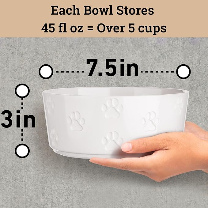 Ceramic Dog Bowl Set of 2 with Anti-Skid Base - 7.5" Wide x 3" Tall Ceramic Dog Bowls for Large Dogs - 5 Cup Capacity Food and Water Bowls for Dogs - Rubber Bottom Pet Bowl Set of 2 for Large Pets