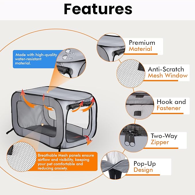 Beatrice Home Fashions Portable, Collapsible, Pop Up Kennel Travel Cat and Dog Crate, 32.5" L x 19.5" W x 19.5" H, Gray