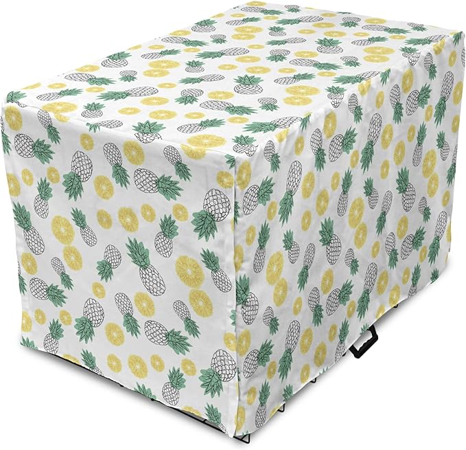 Lunarable Pineapple Dog Crate Cover, Doodle Style Whole and Sliced Pieces, Easy to Use Pet Kennel Cover for Medium Large Dogs, 42 Inch, White Yellow Jade Green