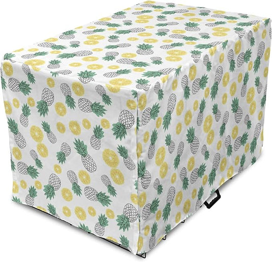 Lunarable Pineapple Dog Crate Cover, Doodle Style Whole and Sliced Pieces, Easy to Use Pet Kennel Cover for Medium Large Dogs, 42 Inch, White Yellow Jade Green