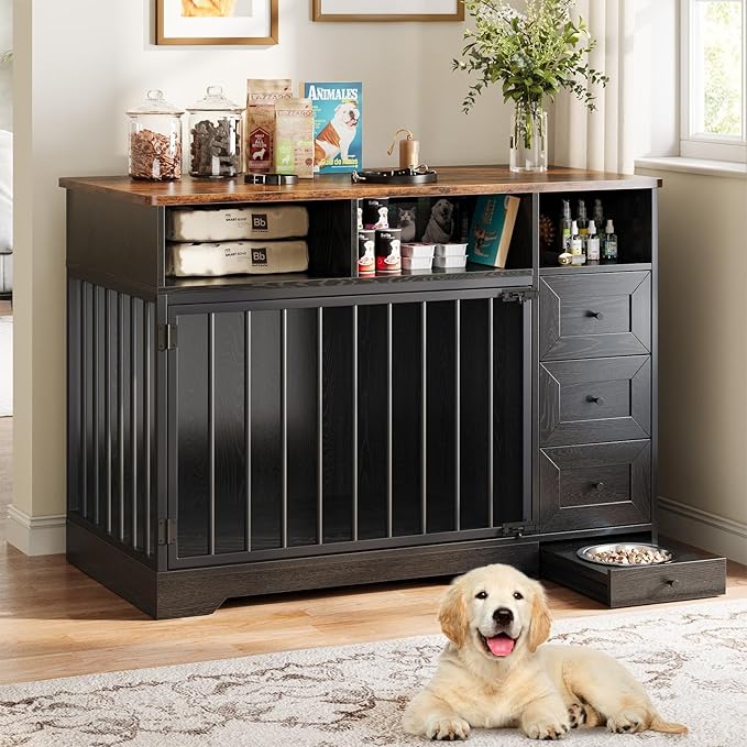 Dog Crate Furniture for Small Dogs, Wooden Dog Kennel Indoor with Storage Shelves, 3 Drawers & Hidden Bowl, Modern Pet Cage Side End Table, up to 120 lb, 48" L, Steel Lock, Black