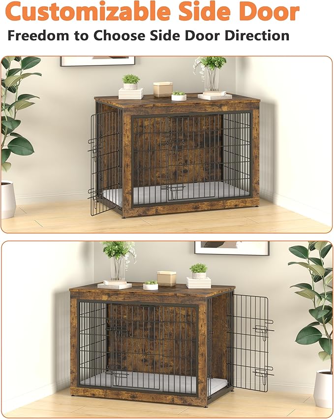Piskyet Dog Crate Furniture with Cushion,Heavy-Duty Reinforced Metal Mesh,32" Wooden Dog Crate End Table with Double Doors,Indoor Dog Kennel,Dog Cage Side Table for Medium Breed,Rustic Brown
