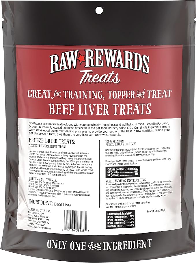 Northwest Naturals Raw Rewards Freeze-Dried Beef Liver Treats for Dogs and Cats - Bite-Sized Pieces - Healthy, 1 Ingredient, Human Grade Pet Food, All Natural - 10 Oz