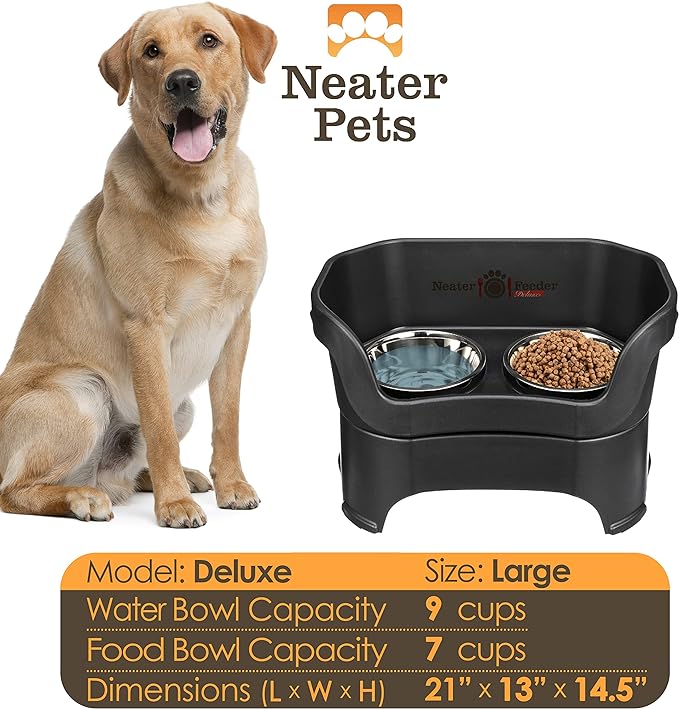 Neater Feeder Deluxe Mess Proof Dog Bowls Elevated for Large Breed – Made in USA – No Spill Raised Dog Food Bowl Stand – Stainless Steel Food and Water Bowl Set, Pet Dish Feeding Station, Black
