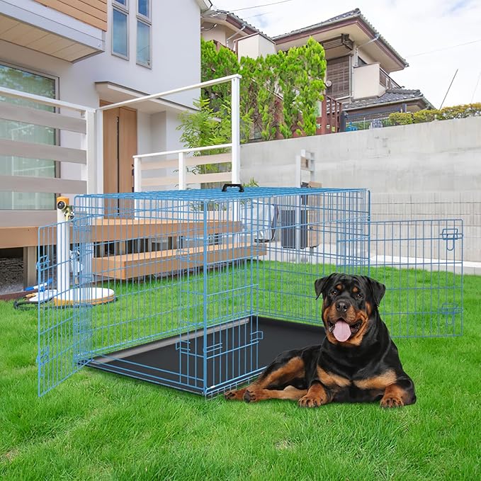 PayLessHere Large Dog Crate Kennel for Medium Large Dogs Metal Dog Cage Double-Door Folding Travel Indoor Outdoor Puppy Playpen with Divider and Handle Plastic Tray (42 Inch, Blue)