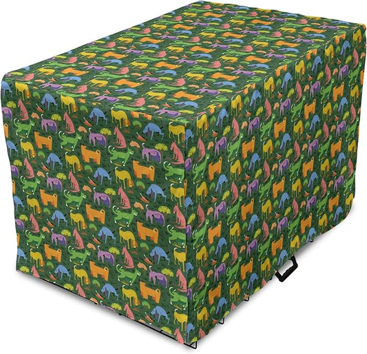 Ambesonne Dog Dog Crate Cover, Illustration of Various Colorful Animals Assorted Cartoon Style Pets, Easy to Use Pet Kennel Cover for Medium Large Dogs, 36 Inch, Hunter Green Multicolor