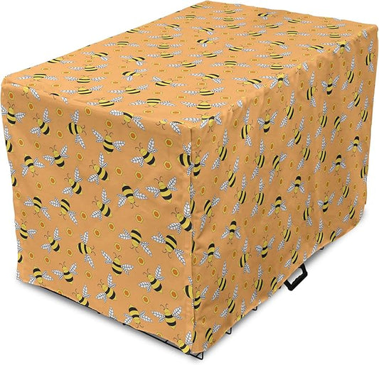 Ambesonne Honey Bee Dog Crate Cover, Cartoon Style Flies and Hexagonal Shapes Scattered, Easy to Use Pet Kennel Cover for Medium Large Dogs, 36 Inch, Orange Mustard