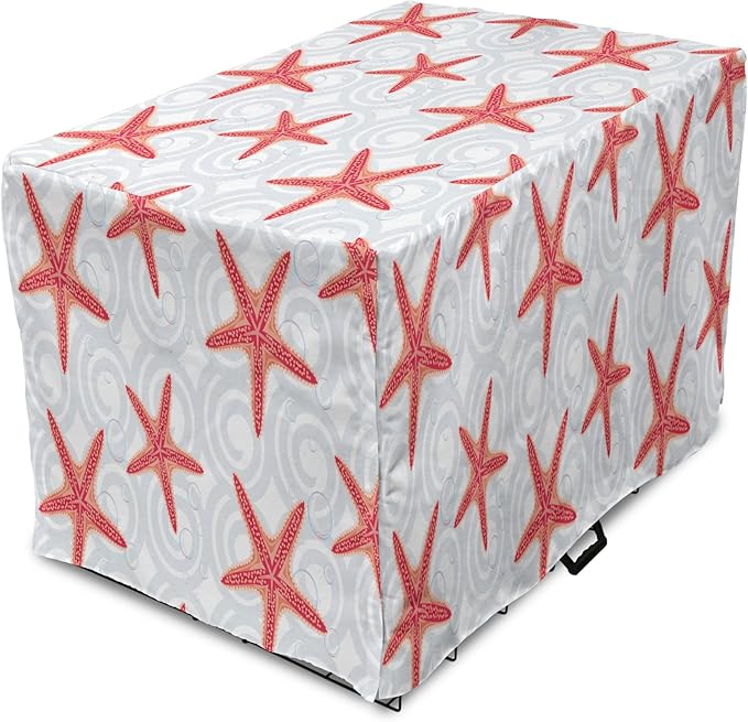 Lunarable Starfish Dog Crate Cover, Tropical Ocean with Sea Bubbles on Wavy Spiral Backdrop, Easy to Use Pet Kennel Cover for Medium Large Dogs, 48 Inch, Dark Coral Salmon