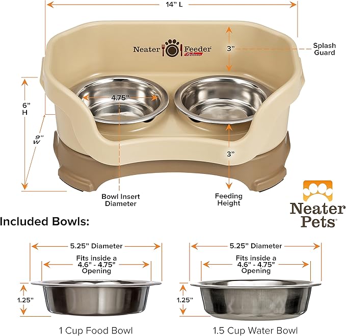 Neater Feeder Deluxe Mess Proof Cat Bowls Elevated for All Breeds – Made in USA – No Spill Raised Bowls for Indoor Cats – Stainless Steel Food and Water Bowl Set, Pet Dish Feeding Station, Cappuccino