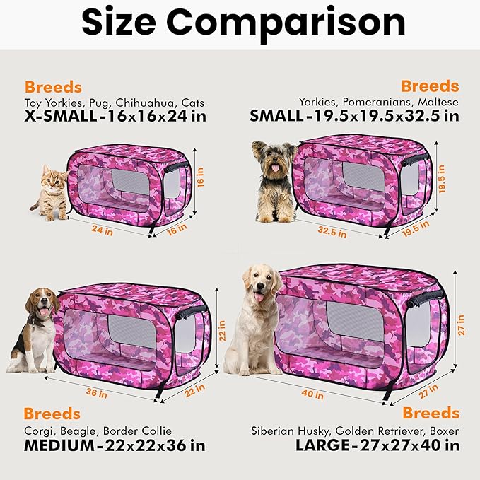 Beatrice Home Fashions Portable, Collapsible, Pop Up Kennel Travel Cat and Dog Crate, 40" L x 27" W x 27" H, Camo Pink